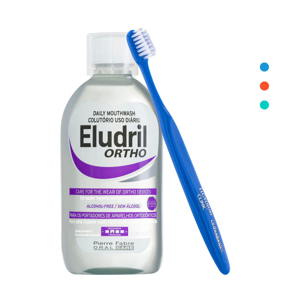 Elgydium Clinic Escova de Dentes Ortodôntica Crianças + Eludril Ortho Colutório Ortodôntico Diário 500ml